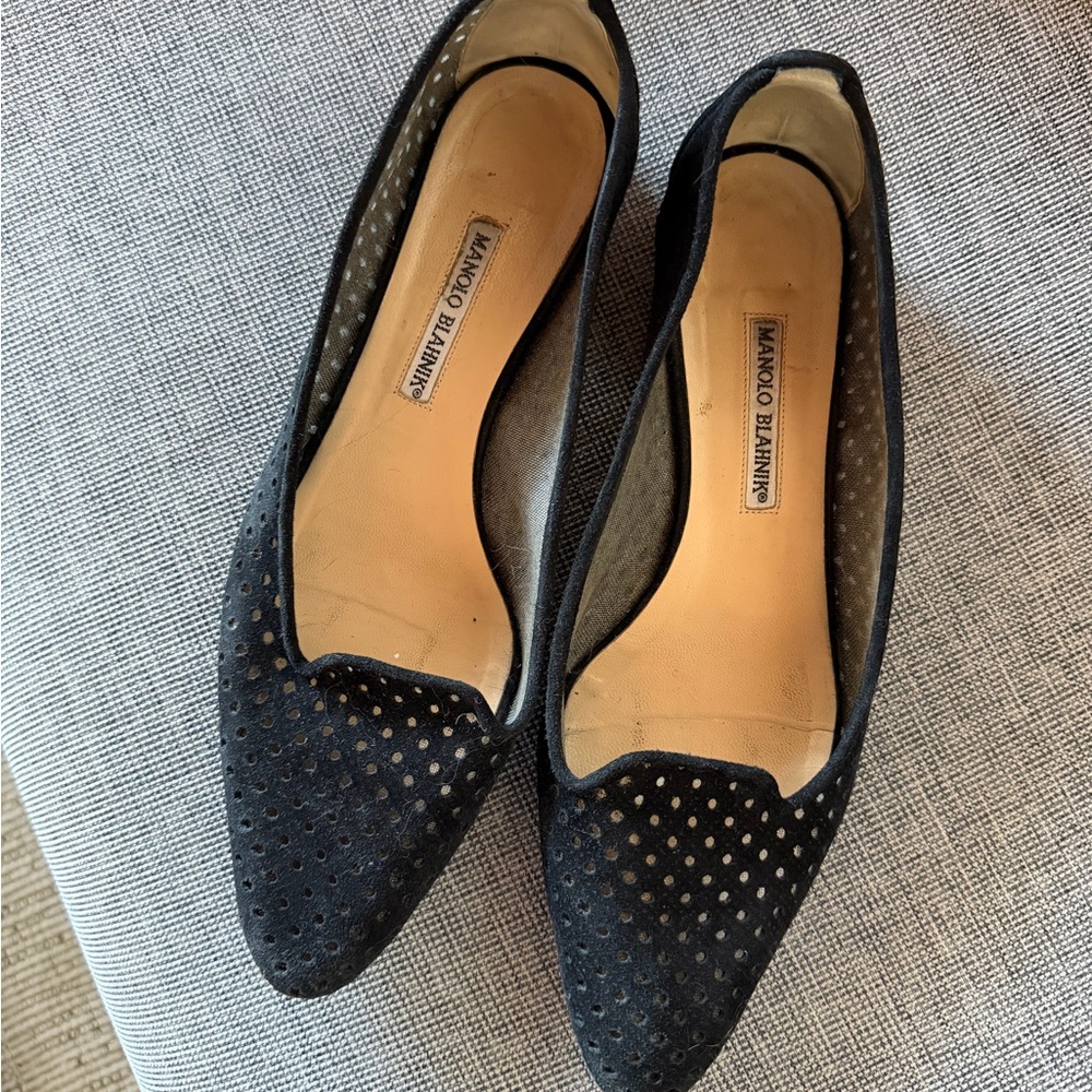 Manolo Blahnik Black Perforated Suede Pointed-Toe Flats